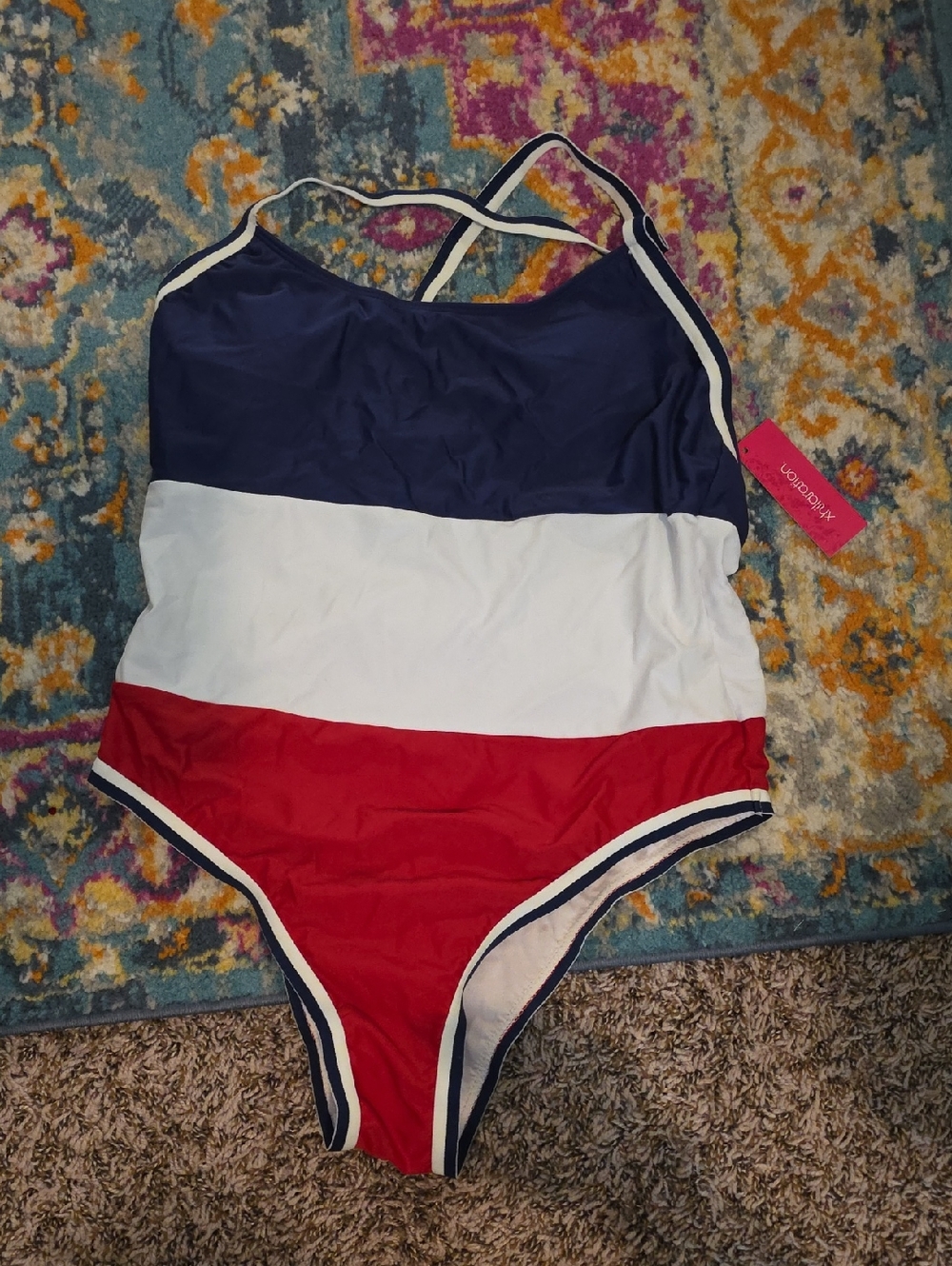 Xhilaration Navy White Red Colorblock One-Piece Swimsuit